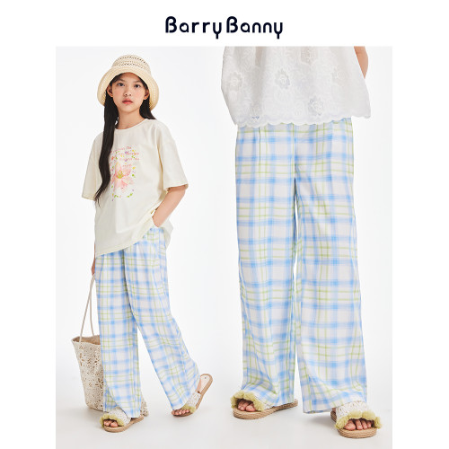 BarryBanny女童藍黃格子濶腿褲夏季新款中大童彈力寬松透氣直筒褲