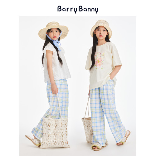BarryBanny女童藍黃格子濶腿褲夏季新款中大童彈力寬松透氣直筒褲