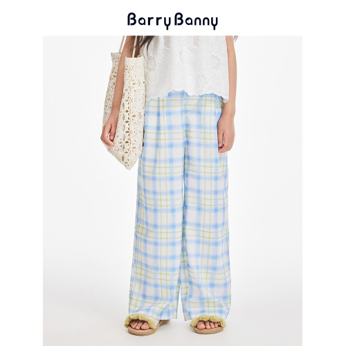 BarryBanny女童藍黃格子濶腿褲夏季新款中大童彈力寬松透氣直筒褲