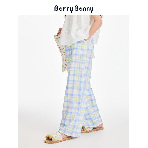 BarryBanny女童藍黃格子濶腿褲夏季新款中大童彈力寬松透氣直筒褲