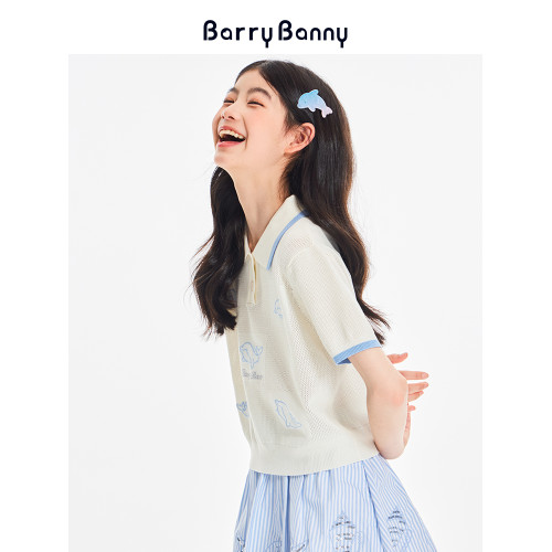 BarryBanny女童海洋polo衫短袖2025夏季新款海豚透氣翻領T恤上衣