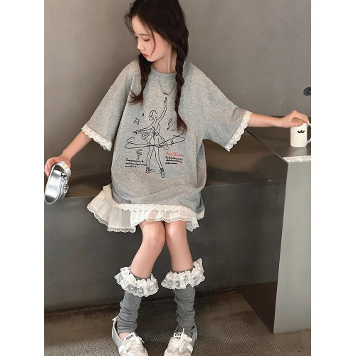 女童t恤長款夏裝2025新款9中大童花邊短袖上衣純棉圓領印花體恤衫