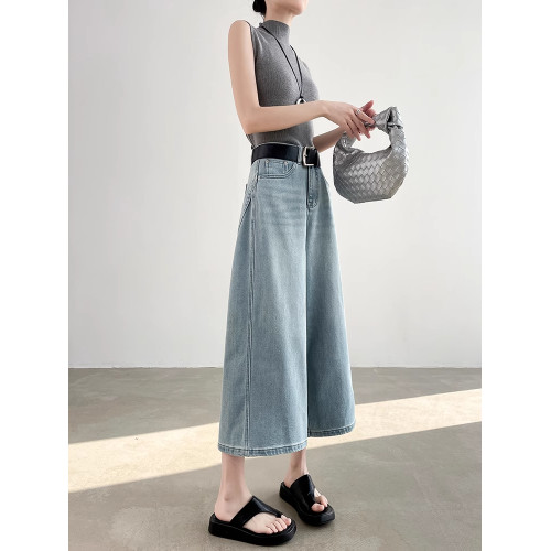 高級藍色直筒八分牛仔褲女夏季高腰百搭寬松顯瘦小個子氣質濶腿褲