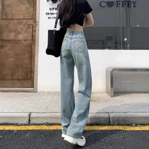 設計感蝴蝶結刺綉女式牛仔褲春夏款復古高腰直筒褲濶腿褲拖地顯瘦