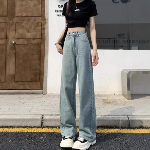 設計感蝴蝶結刺綉女式牛仔褲春夏款復古高腰直筒褲濶腿褲拖地顯瘦