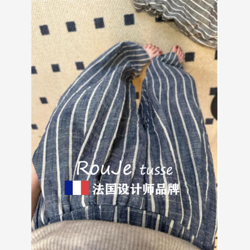 Rouje tusse棉麻褲子條紋褲女夏山本褲慵懶休閒亞麻濶腿褲沙灘褲