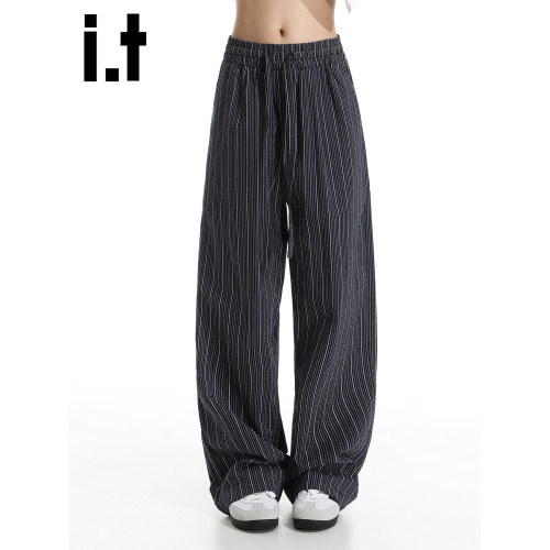 it :5cm/FIVECM美式松緊腰條紋休閒濶腿褲男女2025夏薄款寬松長褲