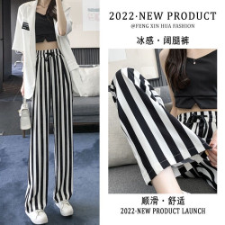 冰絲窄版濶腿褲女小個子2025新款夏薄款寬松直筒高腰垂感條紋褲子