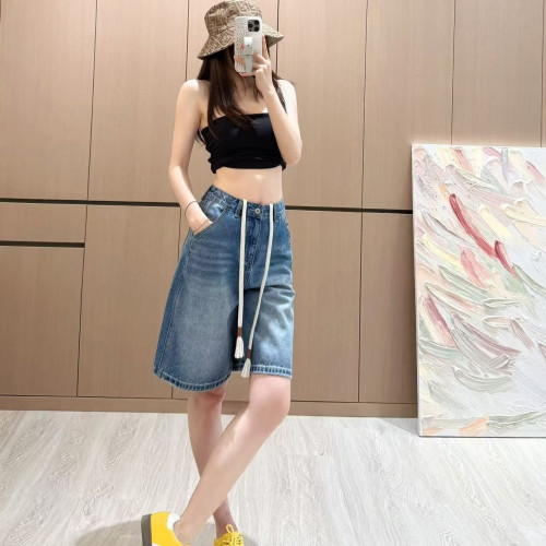 南油高定2025夏季新款皮標高腰顯瘦寬松濶腿褲牛仔五分褲中褲女