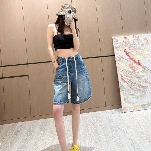 南油高定2025夏季新款皮標高腰顯瘦寬松濶腿褲牛仔五分褲中褲女
