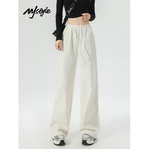MJ STYLE白色復古直筒褲女2025夏季新款高腰寬松濶腿褲休閒運動褲