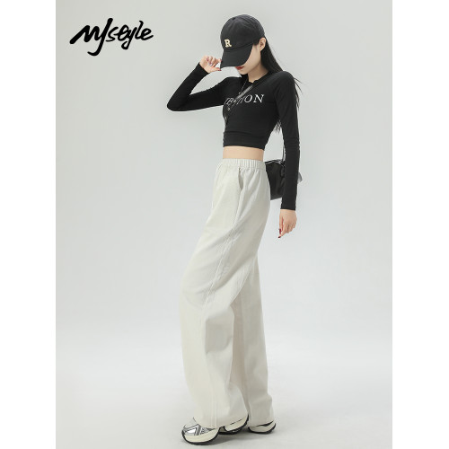 MJ STYLE白色復古直筒褲女2025夏季新款高腰寬松濶腿褲休閒運動褲