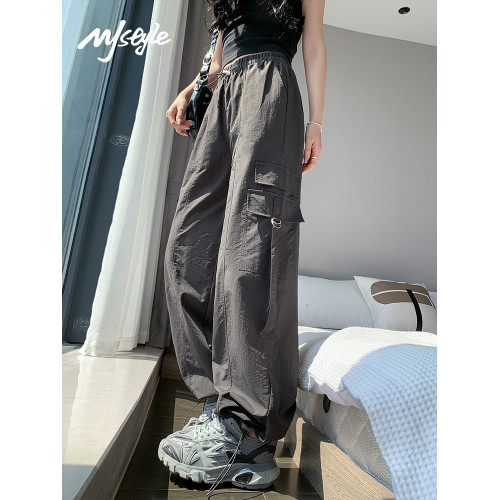 MJ STYLE高腰工裝褲繖兵女生2025夏季薄款速乾休閒百搭直筒濶腿褲