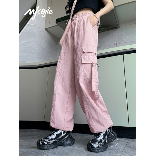 MJ STYLE高腰工裝褲繖兵女生2025夏季薄款速乾休閒百搭直筒濶腿褲