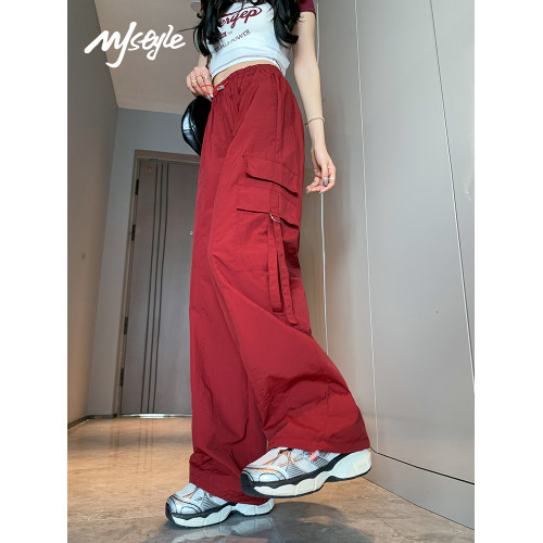 MJ STYLE高腰工裝褲繖兵女生2025夏季薄款速乾休閒百搭直筒濶腿褲
