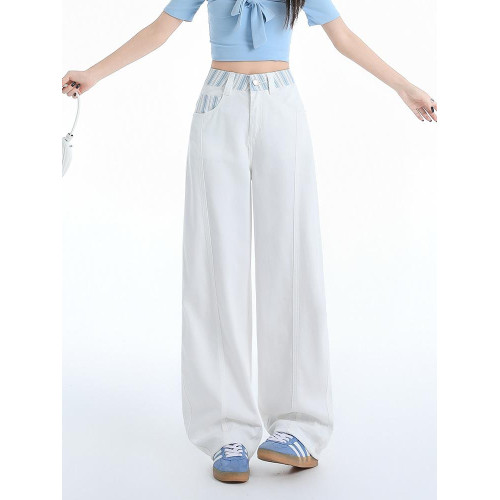 高級條紋拼接白色牛仔褲女夏季新款垂感高腰顯瘦設計感休閒濶腿褲