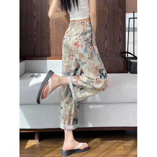 高級國風濶腿褲女夏薄款高腰寬松直筒褲小個子九分個性涼感休閒褲