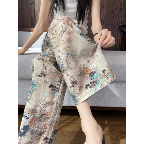 高級國風濶腿褲女夏薄款高腰寬松直筒褲小個子九分個性涼感休閒褲
