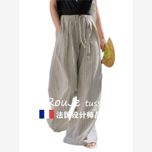 Rouje tusse條紋棉麻褲女夏垂感寬松休閒褲慵懶亞麻濶腿褲山本褲