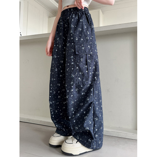 女童碎花工裝褲夏季薄款褲子2025新款兒童直筒濶腿褲兒童休閒長褲