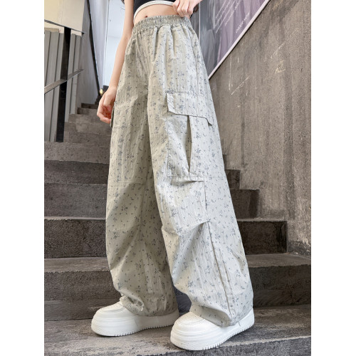 女童碎花工裝褲夏季薄款褲子2025新款兒童直筒濶腿褲兒童休閒長褲