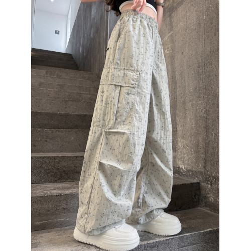 女童碎花工裝褲夏季薄款褲子2025新款兒童直筒濶腿褲兒童休閒長褲