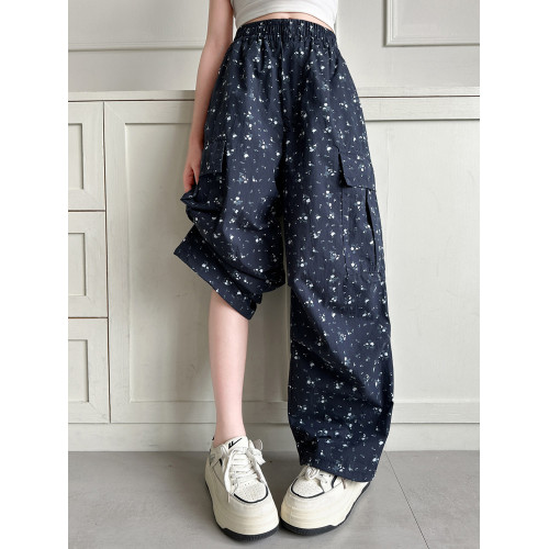 女童碎花工裝褲夏季薄款褲子2025新款兒童直筒濶腿褲兒童休閒長褲