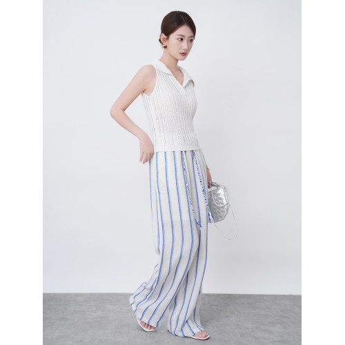 2025新款夏季亞麻濶腿褲女高腰垂感寬松條紋百搭休閒褲直筒長褲子