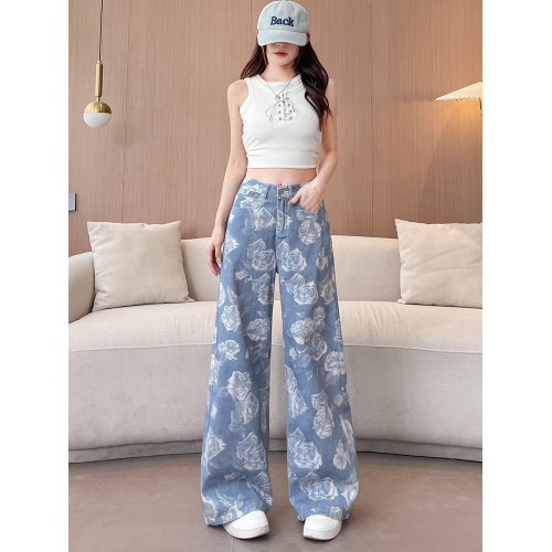 高級玫瑰印花牛仔褲女夏季薄款高品質寬松顯瘦百搭潮流休閒濶腿褲