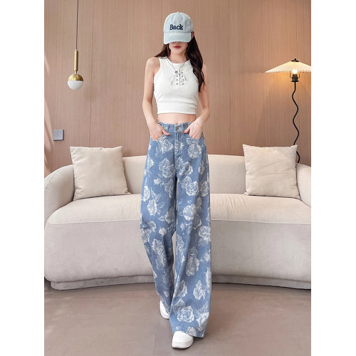 高級玫瑰印花牛仔褲女夏季薄款高品質寬松顯瘦百搭潮流休閒濶腿褲
