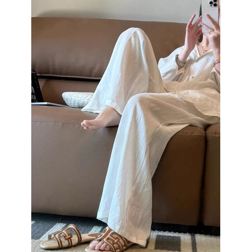 大碼白色老錢風苧麻褲女夏季薄款濶腿褲胖mm松緊腰抽繩休閒棉麻褲