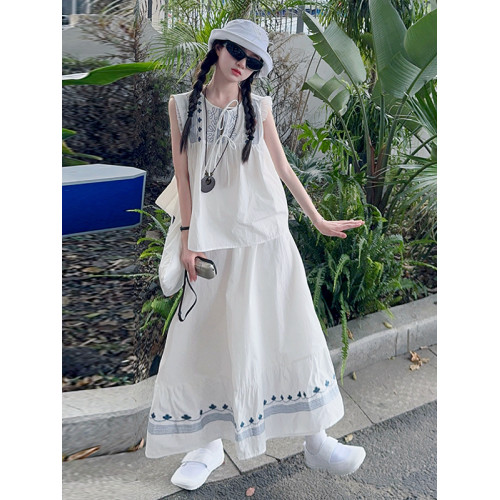 女童夏季套裝2025新款韓版洋氣甜美無袖背心度假半身裙夏款兩件套