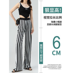 高級冰絲濶腿褲女夏季薄款拼接高腰雪紡垂感寬松顯瘦竪條紋直筒褲