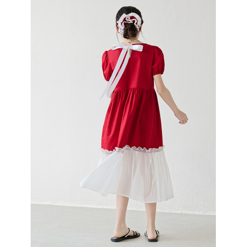 女童紅色連衣裙長裙夏裝洋氣女孩網紗拼接裙子甜美生日禮服公主裙