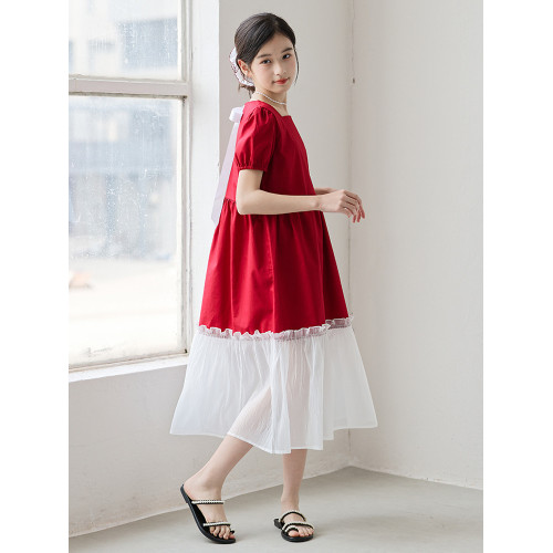 女童紅色連衣裙長裙夏裝洋氣女孩網紗拼接裙子甜美生日禮服公主裙