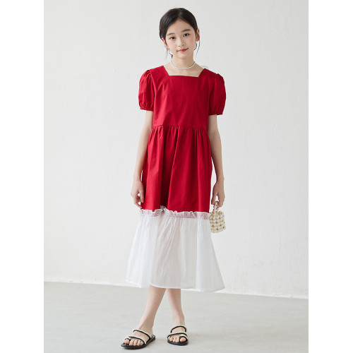 女童紅色連衣裙長裙夏裝洋氣女孩網紗拼接裙子甜美生日禮服公主裙
