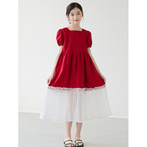 女童紅色連衣裙長裙夏裝洋氣女孩網紗拼接裙子甜美生日禮服公主裙