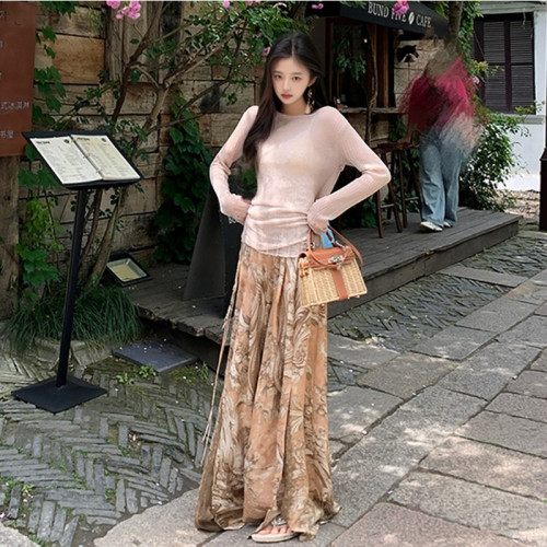 國風新款高級蕾絲開叉濶腿褲女裝新中式印花時尚寬松長褲 N5052