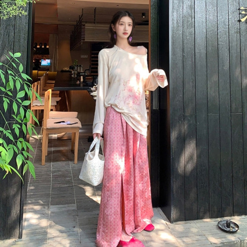 國風新款高級蕾絲開叉濶腿褲女裝新中式印花時尚寬松長褲 N5052