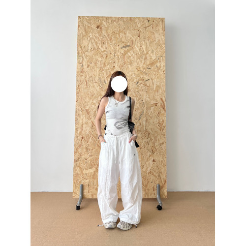美式高腰降落繖工裝褲子女抽繩濶腿褲子肌理感設計休閒長褲ins潮