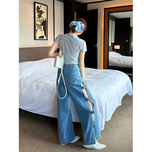 設計感小衆辣妹鏤空開叉牛仔褲女夏手工立體花朵寬松濶腿褲長褲子