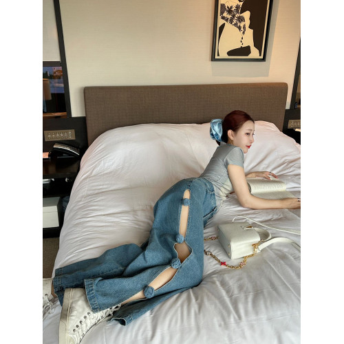 設計感小衆辣妹鏤空開叉牛仔褲女夏手工立體花朵寬松濶腿褲長褲子