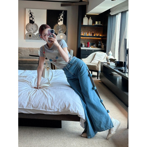 設計感小衆辣妹鏤空開叉牛仔褲女夏手工立體花朵寬松濶腿褲長褲子