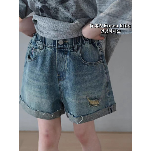女童牛仔短褲夏季薄款2025新款夏裝女孩柔軟洋氣休閒刺綉兒童褲子