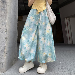韓系印花花苞裙褲女夏薄款高腰顯瘦小個子慵懶碎花休閒燈籠濶腿褲
