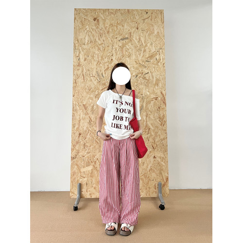 fuccykee美式復古格子褲女夏季2025新款高腰顯瘦寬松直筒濶腿褲