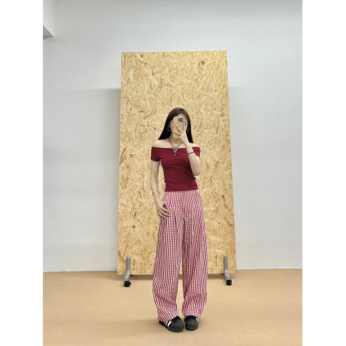 fuccykee美式復古格子褲女夏季2025新款高腰顯瘦寬松直筒濶腿褲