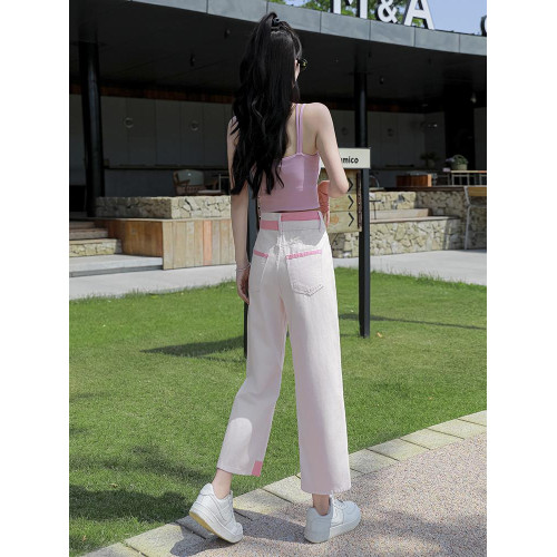 高級撞色牛仔褲女高品質高腰寬松顯瘦小個子設計感休閒直筒濶腿褲
