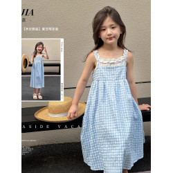 女童連衣裙夏季2025新款洋氣海邊度假小女孩假兩件吊帶裙兒童裙子
