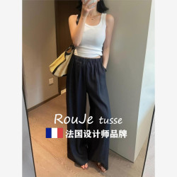 Rouje tusse褲子女垂感直筒梧桐褲夏亞麻棉麻濶腿褲藏青色山本褲